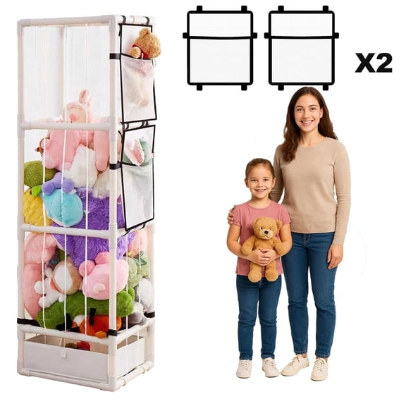 Stuffed Animal Storage Organizer Pre-Assemble PVC Toy Storage,Stuffy Plushies Storage with Elastic Band and Mesh Bottom and Bottom Storage Bin,Toy Storage Organizers for Playroom Bedroom Nursery