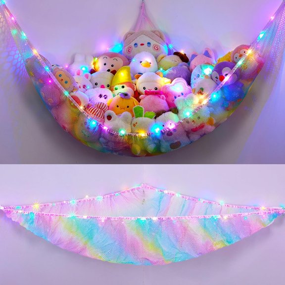 Stuffed Animals Hammock with LED Light Toy Net Room Decor Corner Storage Rainbow-A,XLarge (Pack of 1)