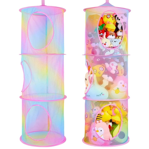 Stuffed Animals Net or Hammock 2 Pcs Stuffed Animals Storage Toy Net Hammock for Plushies Storage Organizer Mesh Kids Girls Room Decor, Rainbow, 3 Tiers