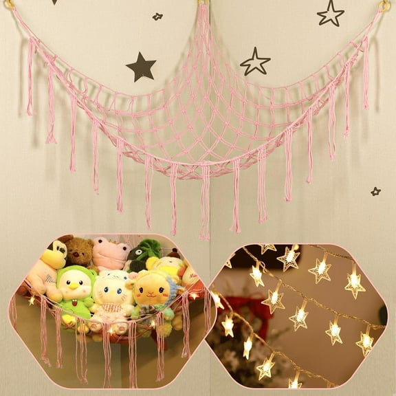 Stuffed Animals Net or Hammock with LED Light, 59 inch Toy Hammock Net for Stuffed Animals Corner Hanging Stuffed Animal Storage Stuffed Animal Holder for Nursery Kids Bedroom