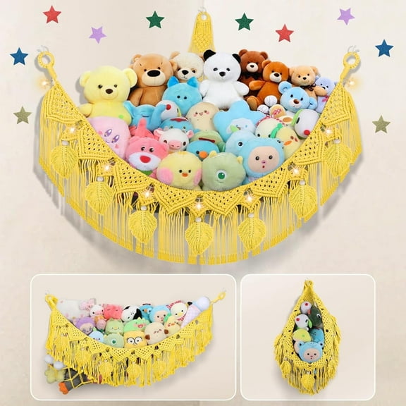 Stuffed Animals Net or Hammock with LED Light, 56 inch Toy Hammock Net for Stuffed Animals Corner Hanging Stuffed Animal Storage Stuffed Animal Holder for Nursery Kids Bedroom (Yellow)