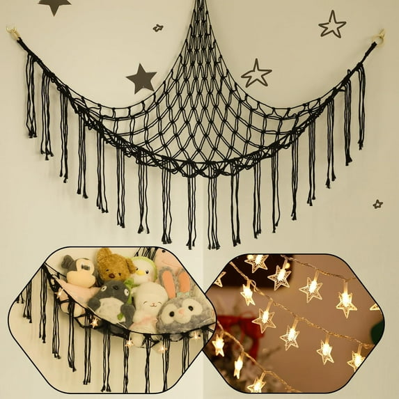Stuffed Animals Net or Hammock with LED Light, 59 inch Toy Hammock Net for Stuffed Animals Corner Hanging Stuffed Animal Storage Stuffed Animal Holder for Nursery Kids Bedroom