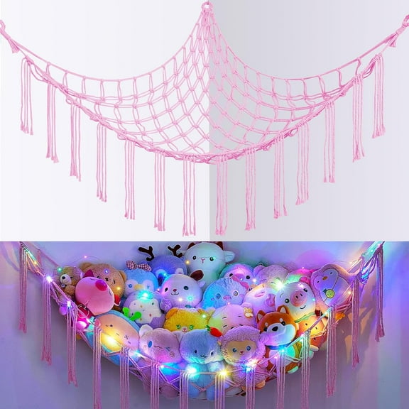 Stuffed Animals Net or Hammock with LED Light, Hanging Stuffed Animals Storage Toy Hammock Net Corner Wall Girls Room Decor Toy Storage Organizer, Pink, L