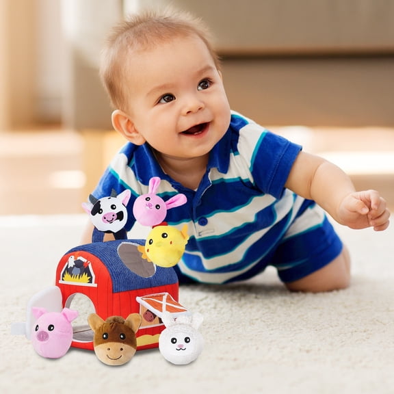 Stuffed Animals Ranch House Playset, Student Stuffed Animals for Student, Activity, Student Girl First Birthday Gift, 7Pc 6X6 Inch Soft Plush Farm House Hide and Seek Bundle, with