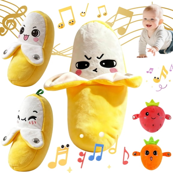 Stuffed Banana Doll, Touch Activated Musical Sensory Plush Toy with Sounds, Soft Fruit Shape Interactive Gift, Batteries Not Included
