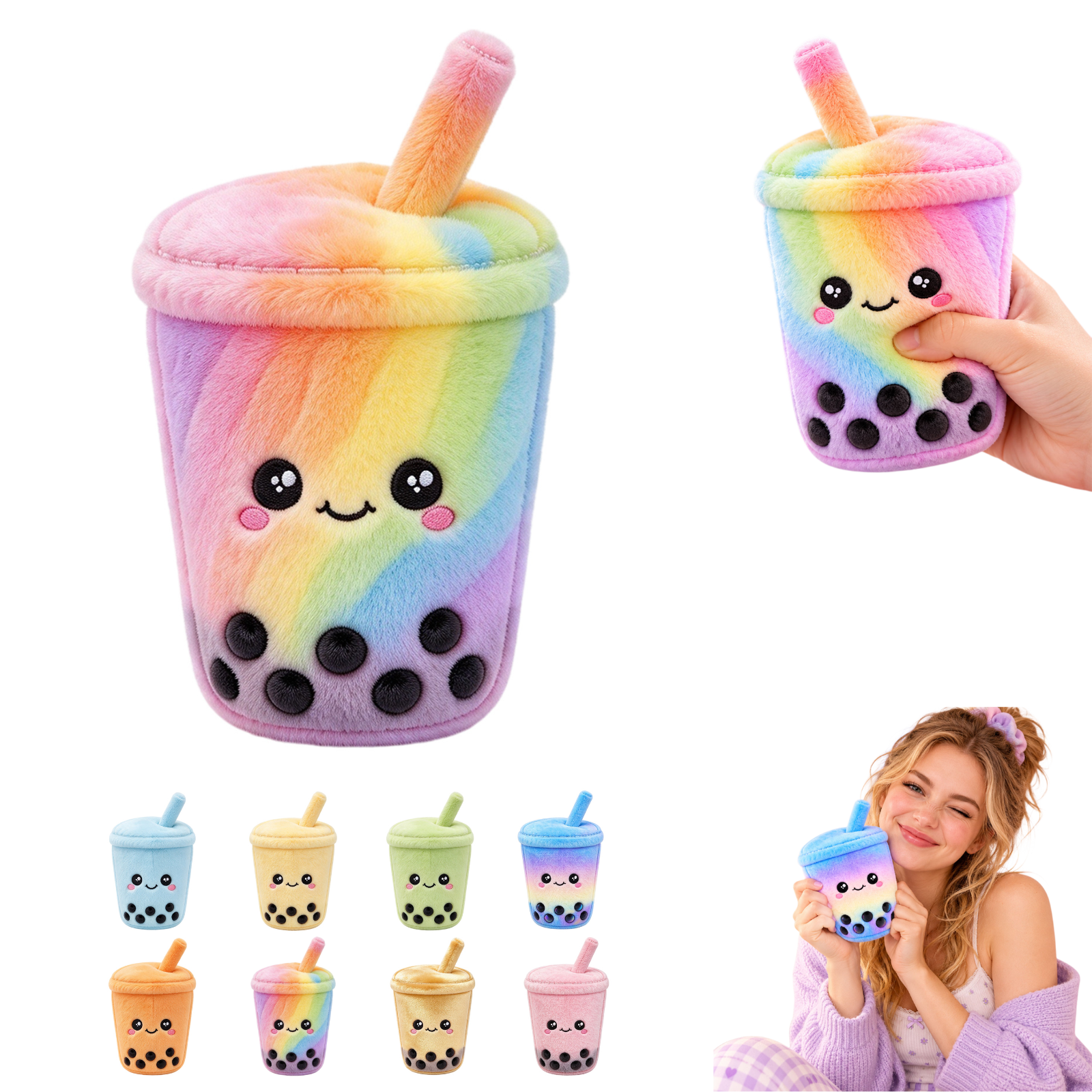 Raingoz Tea Stuffed Bubble Tea Squishy Toy, Rainbow Boba Plushie with Cute Smiling ...