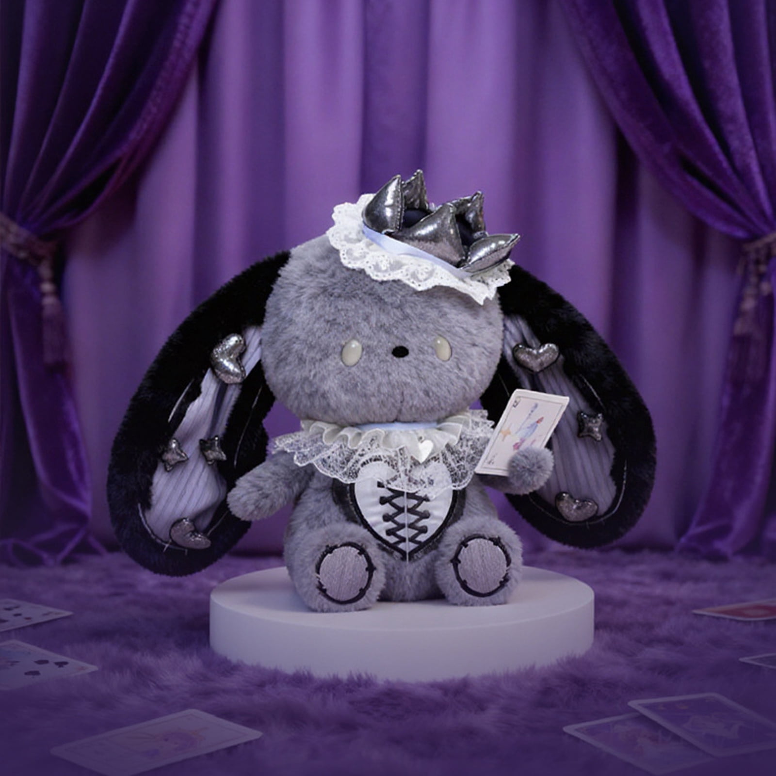 Stuffed Bunny, Bunny Rabbit Stuffed Animal, Bunny Plush, Black Decor, Lace Fabric, Rabbit Plush, Plush Doll, 1 Pc, 12inStanding, Silver Crown, Collectible Display, Gothic Home