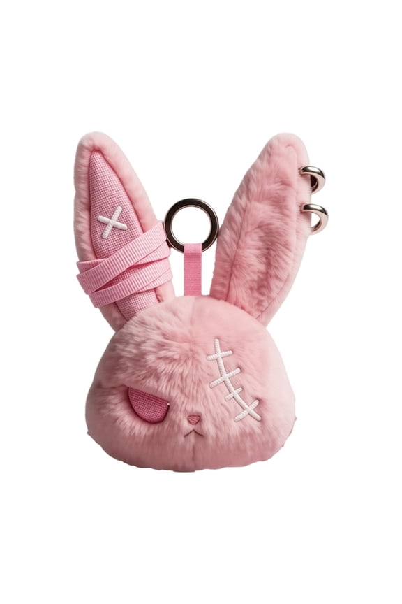 Stuffed Bunny Plush Gothic Bunny Keychain Punk Bunny Accessory Alternative Emo Gifts for Teen Girls Soft Pink 5.5 Inch Rabbit Head Keychain Stuffed Animal Charm for Purses and