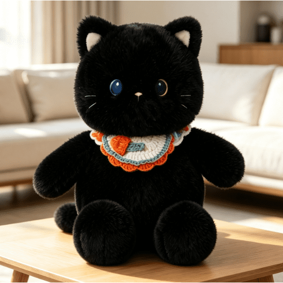 Stuffed Cat Plush, Cat Stuffed Animal, Cat Gifts for Cat Lovers, Plushie with Bib Design, 16X8 Inch Soft Fluffy Black Plush Toys with Crocheted Fish Collar Suitable for Home