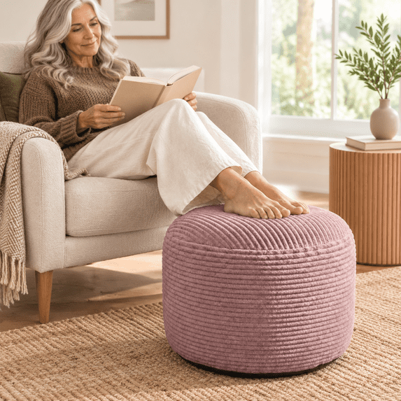 Stuffed Corduroy Pouf Ottoman, Dusty Rose, 20