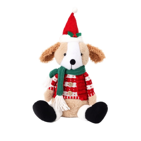 Stuffed Dog Plush Christmas Sitting Puppy Stuffed Animal Festive Fabric Doll for Home Christmas Decorations, Holiday Scene Display, Ideal Gift for Student and Dog Lovers