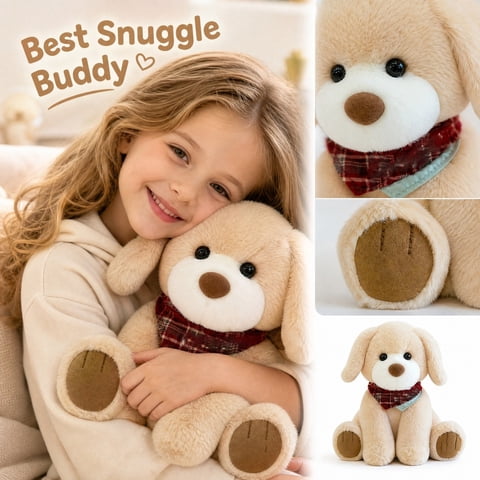 Stuffed Dog Plush Golden Retriever with Plaid Bandana Cuddly Plush Toys for Student Boys Girls Nursery Decor Birthday Gift for Children