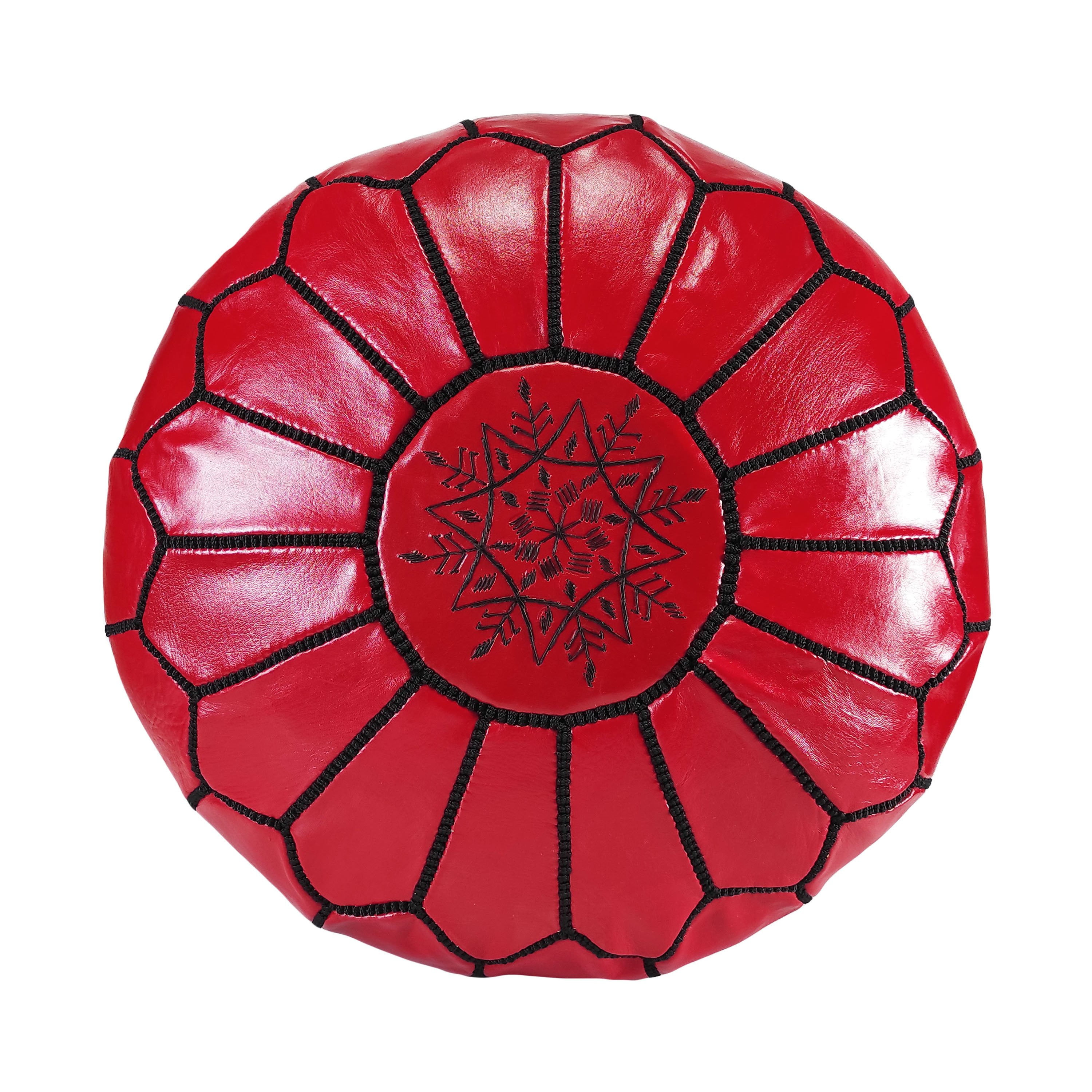 Handcrafted Red and Black Genuine Leather Round Moroccan Pouf