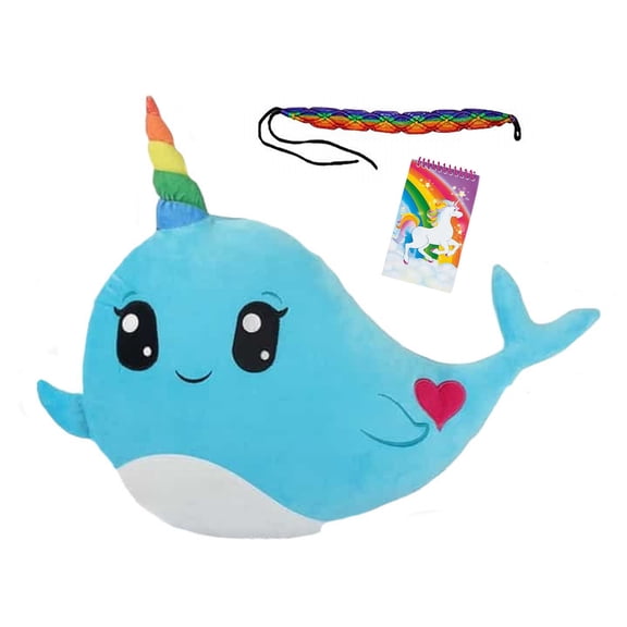 Stuffed Narwhal Pillow with Rainbow Horn, Rainbow Bracelet & Notepad Bundle Set
