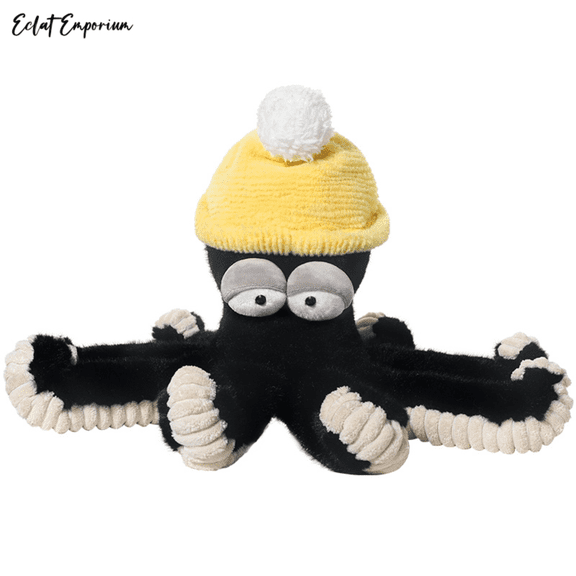 Stuffed Plush Toy — Lazy Black Octopus Plush with Yellow Beanie, Ultra-Soft Fluffy Cute Home Décor