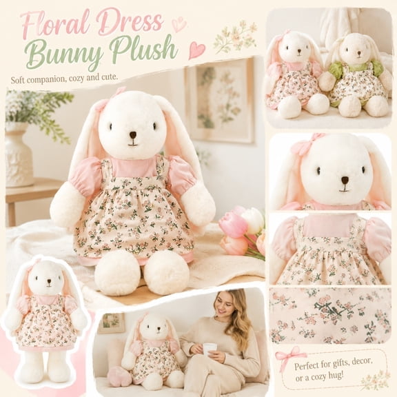 Stuffed Plush Toys, Stuffed Bunny Plush, Bunny Stuffed Animal, Floral Decorations, 12X6 Inch Soft Plush Figure with Green Accent Ditsy Floral Dress for Daily Snuggling