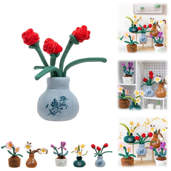 Stuffed Potted Plant Plush Toy, Rose Plush Plant Pillow Decorationr with Potted, Fluffy Adorable Stuffed Flower for Christmas Birthday Gifts Home Decor