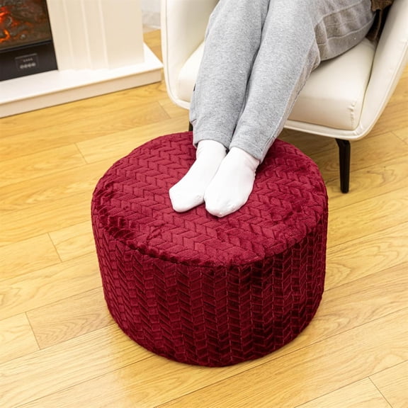 Stuffed Pouf Ottoman High Density Foam Round Footstool with Storage for Living Room Bedroom Floor Wine Red