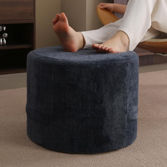 Stuffed Pouf Ottoman, Round Foot Stool Fluffy Floor Poufs Chair for Living Room Bedroom, Filled Boho Foot Rest for Couch, Blue-Grey