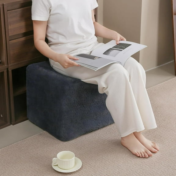 Stuffed Pouf Ottoman, Square Foot Stool Fluffy Floor Poufs Chair for Living Room Bedroom, Filled Boho Foot Rest for Couch, Blue-Grey