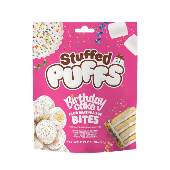Stuffed Puffs Filled Marshmallow Bites, Birthday Cake, 2.79 oz Bag