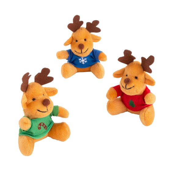4 1/2" Christmas Stuffed Reindeers with Holiday Icon T-Shirt - 12 Pc.