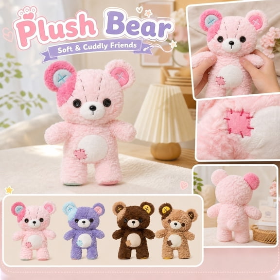 Stuffed Teddy Bear, Cute Stuffed Animal, Patchwork Stuffed Animal, Soft Plush Toys for Toddlers, 13X10 Inch Light Brown Fuzzy Plush Figure That Works As Gentle Gift for Niece and