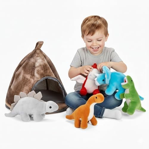 Stuffed Toy Dinosaur Animal Set – Set of 5 Dino Stuff Toy for Toddlers – with Volcano Zipper Carry Bag – Bright & Vibrant Plush Toy Set – Stuffed Dinosaur Toy for Kids –Easy to Carry