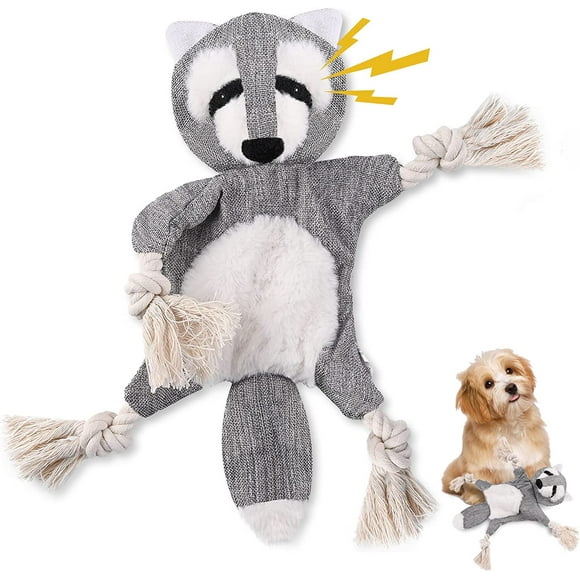 Stuffingless Dog Squeaky Toy with Crinkle Paper, Pet Tug of War Toy, Durable Teeth Cleaning Puppy Chew Toy, Interactive Dog Rope Knot Toys for Small to Medium Aggressive Chewers, 1* Grey Raccoon