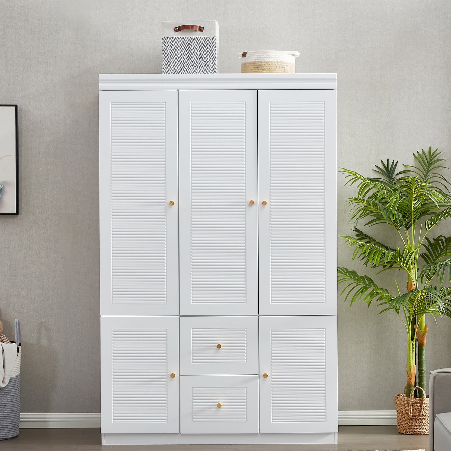 Stufurhome 74" 5 Doors White Wooden Wardrobe Closet Armoire Bedroom Freestanding with Hanging Rod