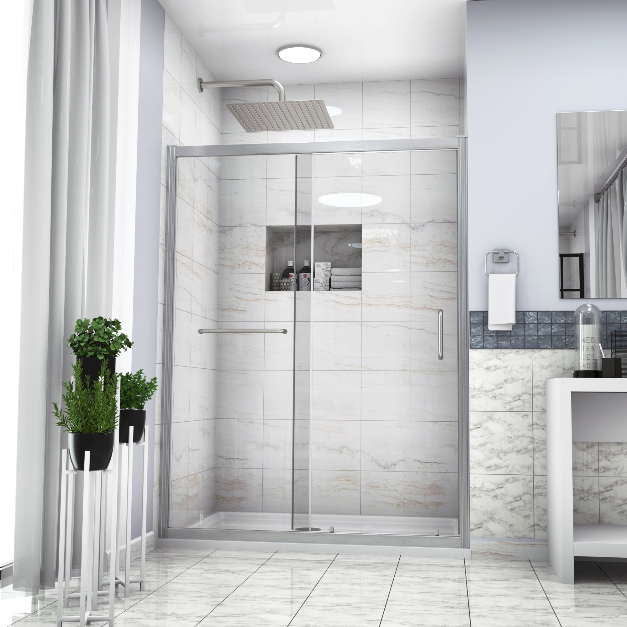 Stufurhome  Bypass Sliding Shower Door Semi-Frameless Shower Enclosure 1/4"(6mm) Glass Sliding Bathroom Door, Brushed Nickel Finish, 48" W x 72" H(Clear).