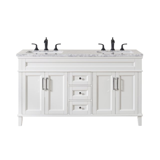 Stufurhome Melody 59 Inch White Double Sink Bathroom Vanity with Drains