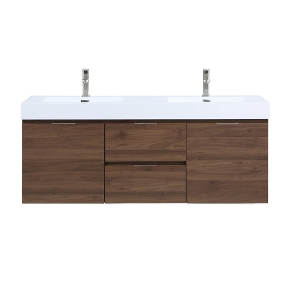 Stufurhome Valeria Walnut 59 inch Wall Mounted Double Sink Bathroom Vanity, No Mirror