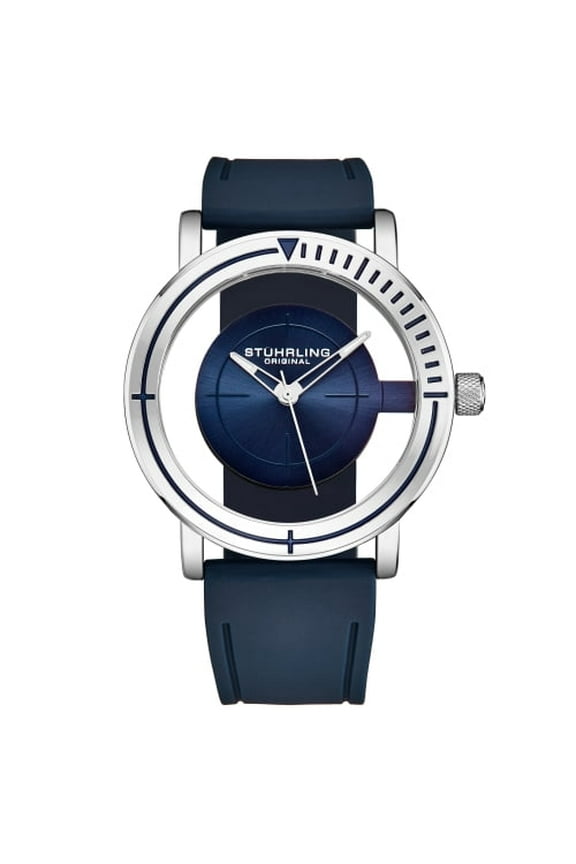 Stuhrling 3915 01 Aviator Quartz Semi Transparent Dial Blue Rubber Mens Watch