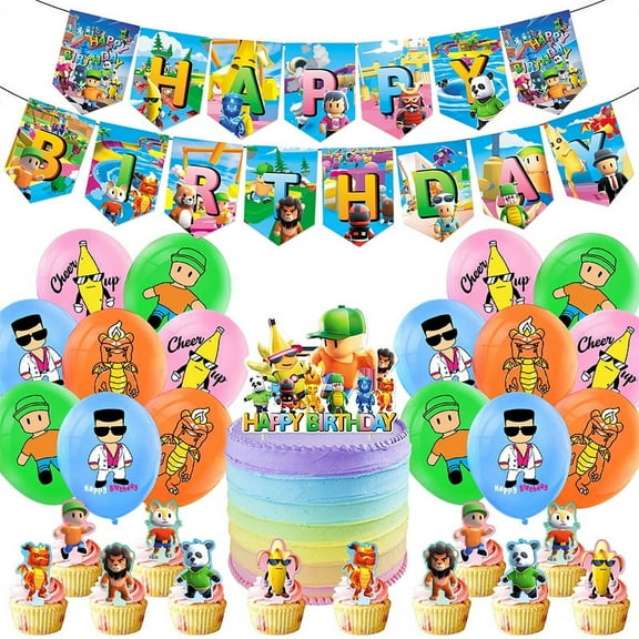 Stumble Guys Birthday Party Decorations Theme Birthday Party Supplies Include 1pc Happy Birthday Banner, 16pcs Balloons, 12pcs Cake Toppers and 1pc Cupcake Toppers