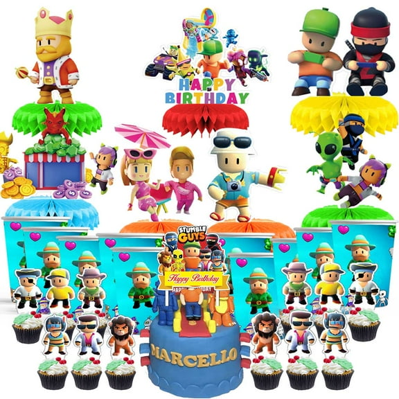 Stumble Guys Party Supplies Decor Cups Fans Decorations Honeycomb Centerpieces Cake Toppers