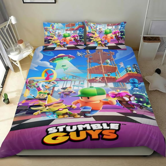 Stumble Guys Themed Bed Sheet Set Three Piece Set 53x79 In ches Comfortable And Skin Friendly Unique Design Creating A Star Studded Night Home Decor Gifts For Family Friends fans