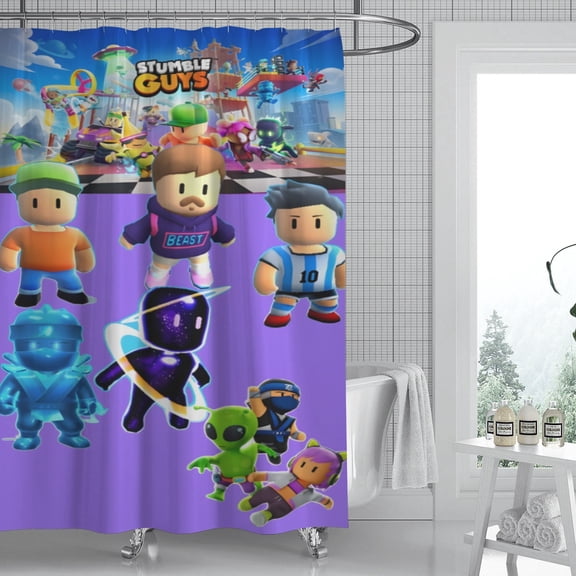 Stumble Guys shower curtain displays an eye-catching design, is waterproof, and easily installed, infusing your bathroom with personality and charm. Dimensions: 59" x 71" (150 x 180 cm).