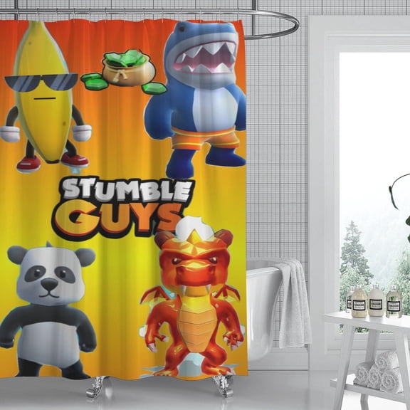 Stumble Guys shower curtain features a bold and iconic print, waterproof quality, and simple installation, making it an ideal choice for any bathroom. Measures 59" x 71" (150 x 180 cm).