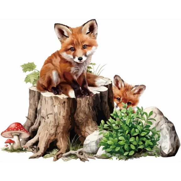 Stump Fox Wall Stickers Carton Foxes Wall Decals Cute Animal Mushroom Vinyl DIY Art Decor for Baby Nursery Children Bedroom Living Room Wallpaper Decoration 37.7x26.7in Colorful