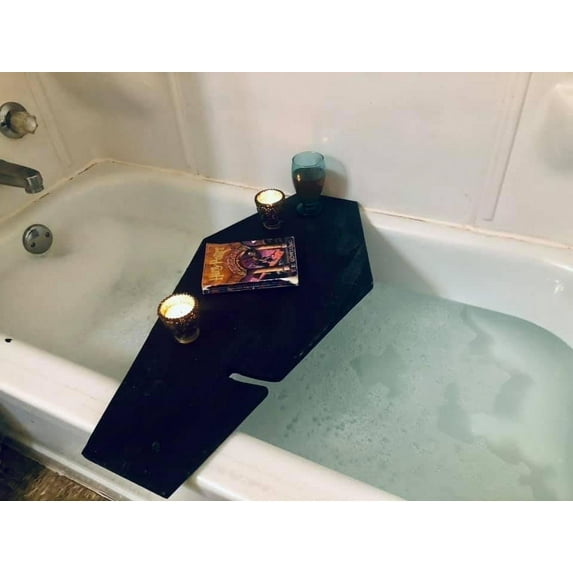 Stumps Custom Wood Halloween Coffin Bathtub Caddy - Spooky and Convenient Bath Accessory 35-36 Inches Length x 6-9 Inches Width Phone Slot