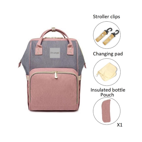Stungo Large Diaper Bag Knapsack Pink/Grey Backpack Diaper bag Infant /Baby Bag /Gift Nappy Bag