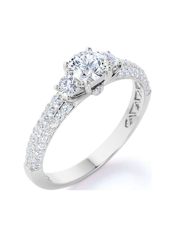 Stunning 1 Carat - Round Real 3 Stone Diamond Ring - Vintage Style - Micro Pave - Engagement Ring - 10K White Gold