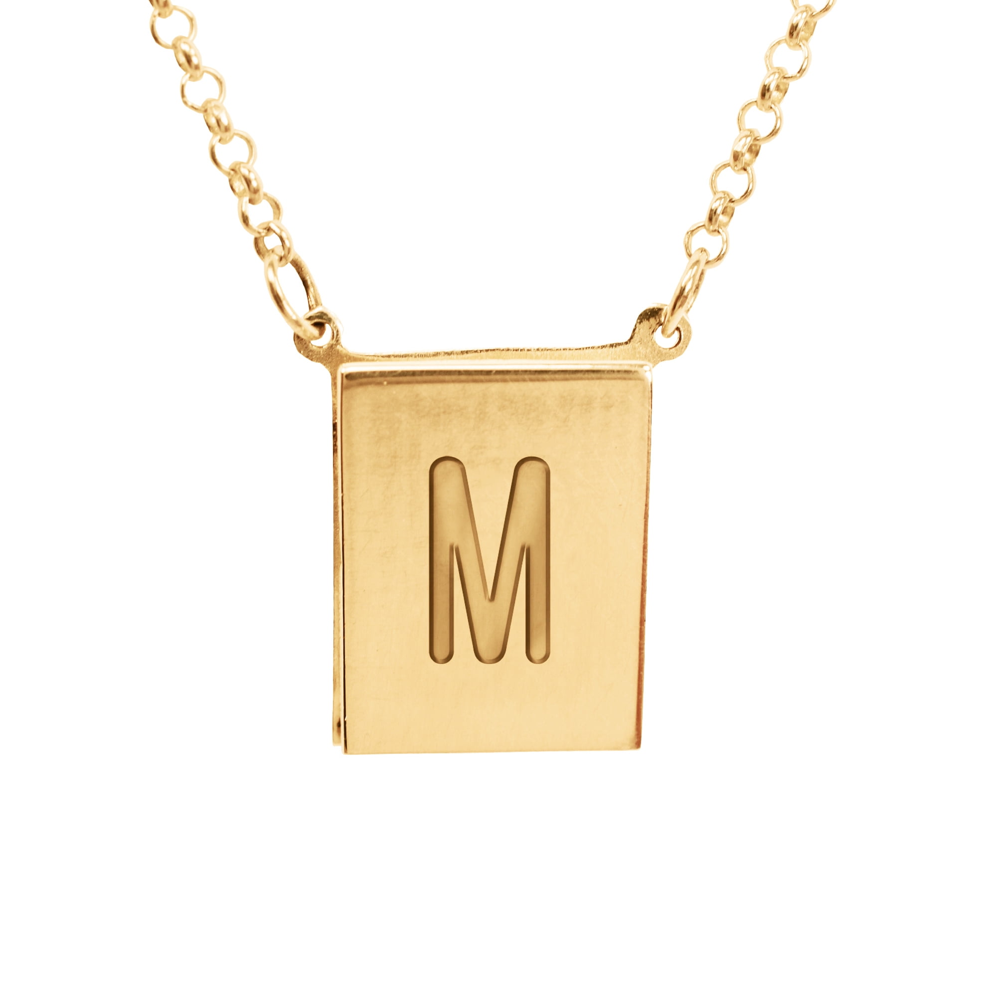 Stunning 14K Gold Plated Sterling Silver Initial "M" Pendant Necklace with a 18 Inch 14K Gold Plated Sterling Silver Rollo Chain