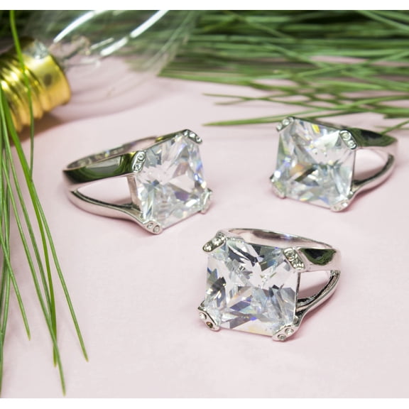 Stunning 15ct Cubic Zirconia Statement Cocktail Ring - - Large Square Cut Crystal Size 10 Jewelry Ring Silver