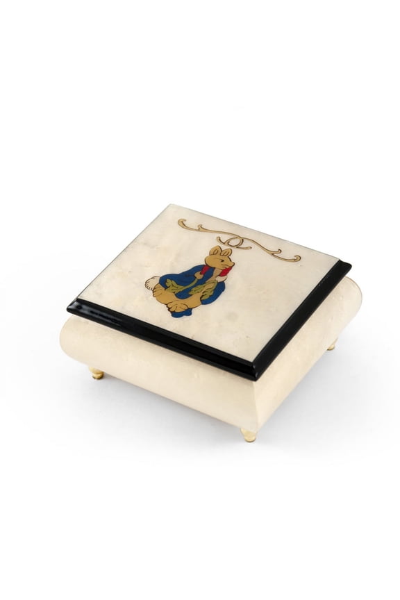 Stunning 18 Note Ivory Stain Beatrix Potter Music Box with Tales of Peter Rabbit Wood Inlay - Rock of Ages - Christian Version