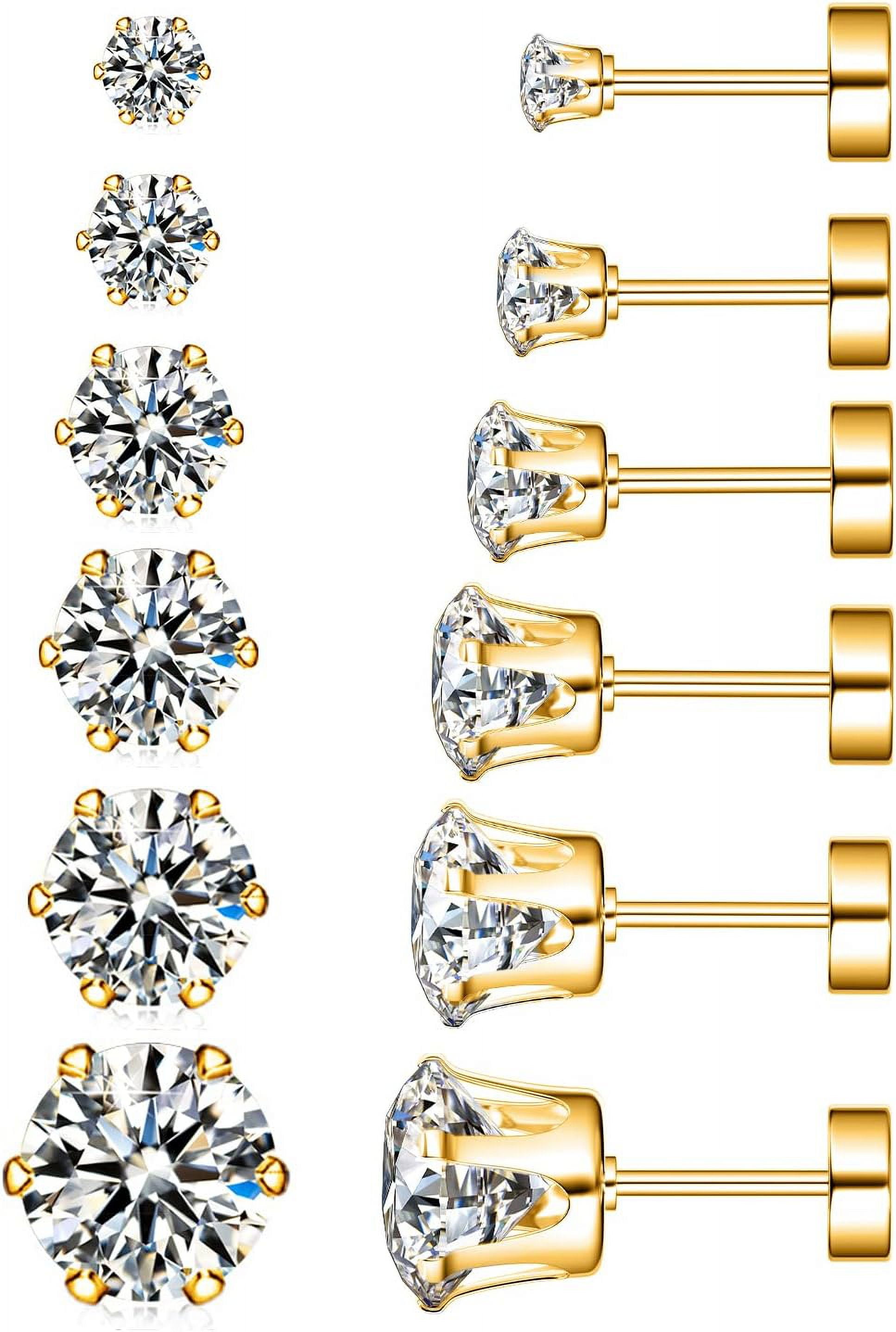 Stunning 18k Flat Back Stud Earrings - Hypoallergenic Jewelry for Women - 6 Pairs of Cubic Zirconia Flat Back Earrings - Perfect for Everyday Wear