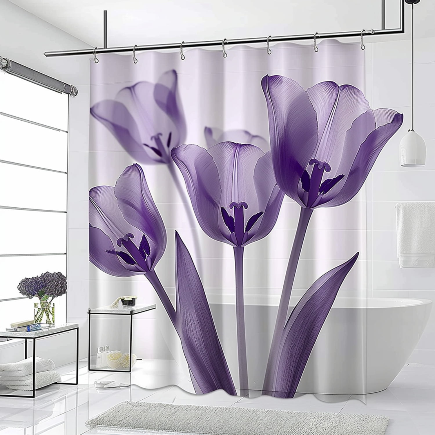 Stunning 3D Floral XRay Shower Curtain Purple Tulips Design on White