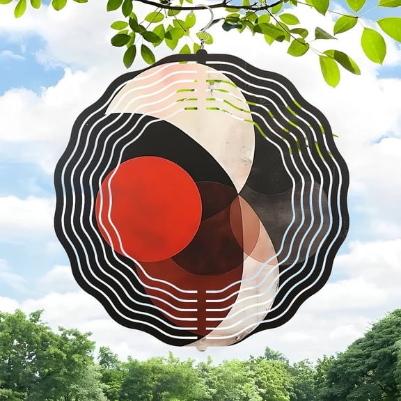 Stunning 3D Metal Hanging Wind Spinner for Yard & Garden - Symmetrical Geometric Design in Black White Red & Beige - Perfect Outdoor Decor for Balance & Harmony