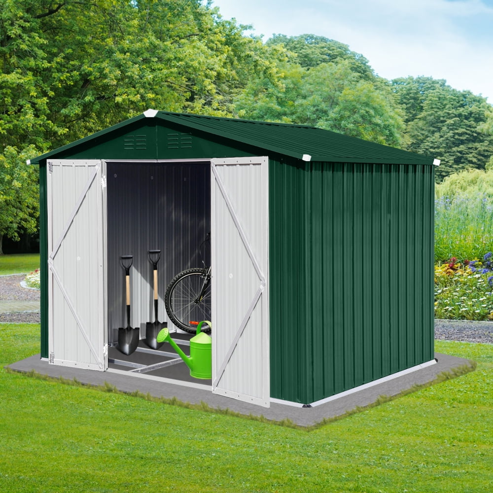 Stunning 6ft x 8ft Metal Garden Shed – Durable Outdoor Storage Solution in Elegant Green and White. Perfect for Organizing Tools and Gear While Enhancing Your Garden's Charm!